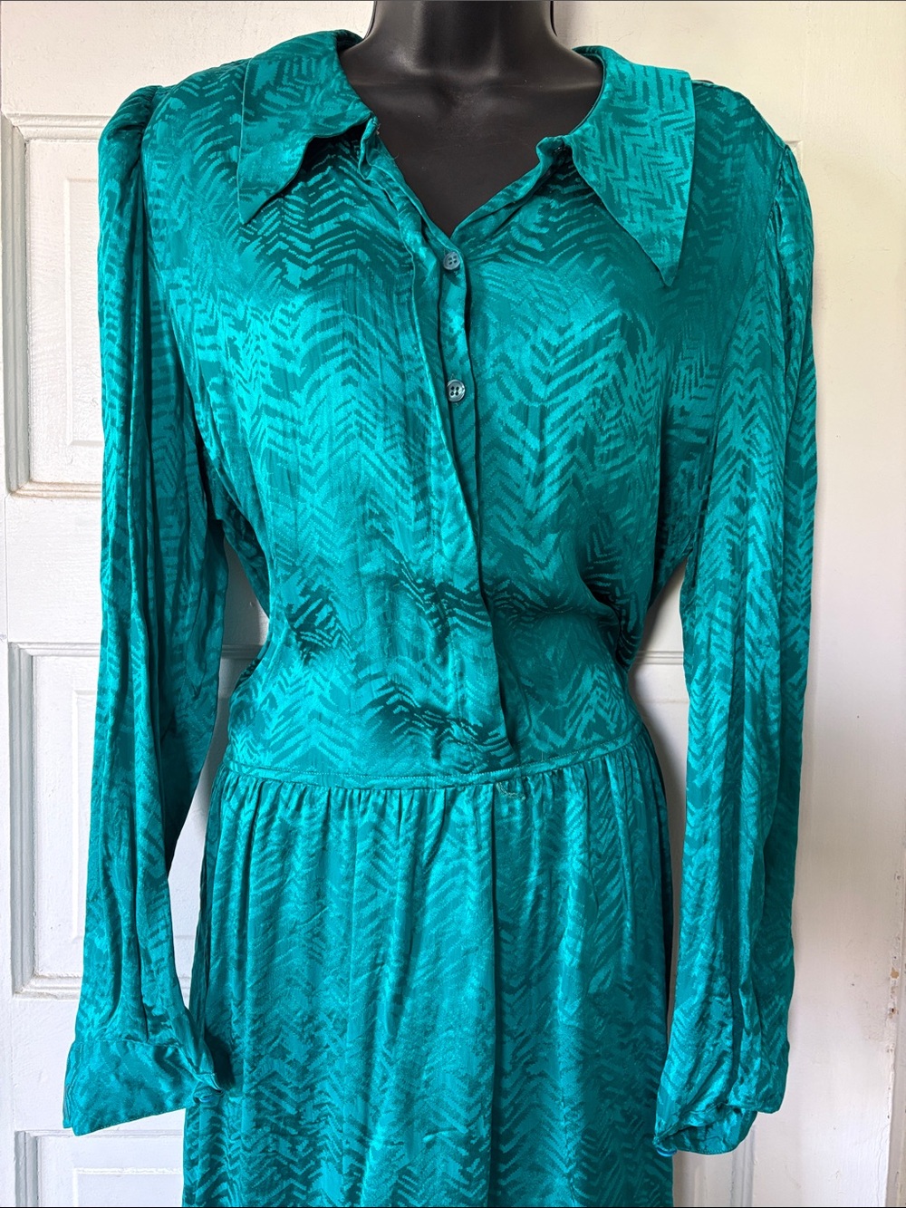 Vintage Liz Claiborne Silk Teal Satin Long-Sleeve Shirt Dress